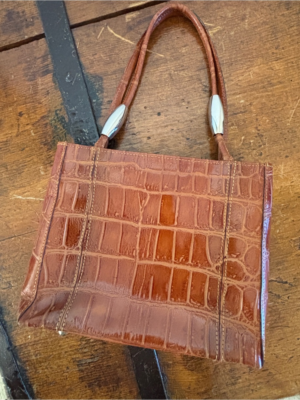 Crocodile Embossed Leather Look Handbag Cognac Brown Silver Hardware New